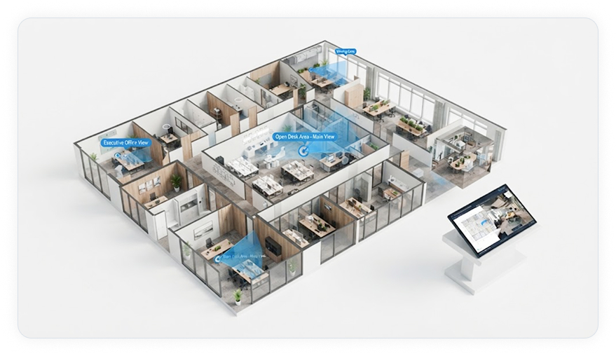 OcuMap building workspace showing a floor plan with a connected 360-degree photo and details panel