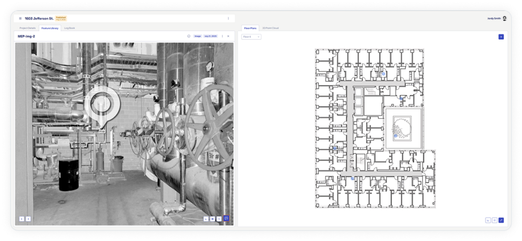 Multi-floor building navigation in OcuMap with documentation pins on a floor plan