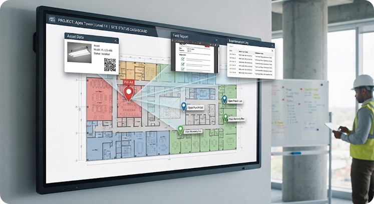 Multi-floor building navigation in OcuMap with documentation pins on a floor plan