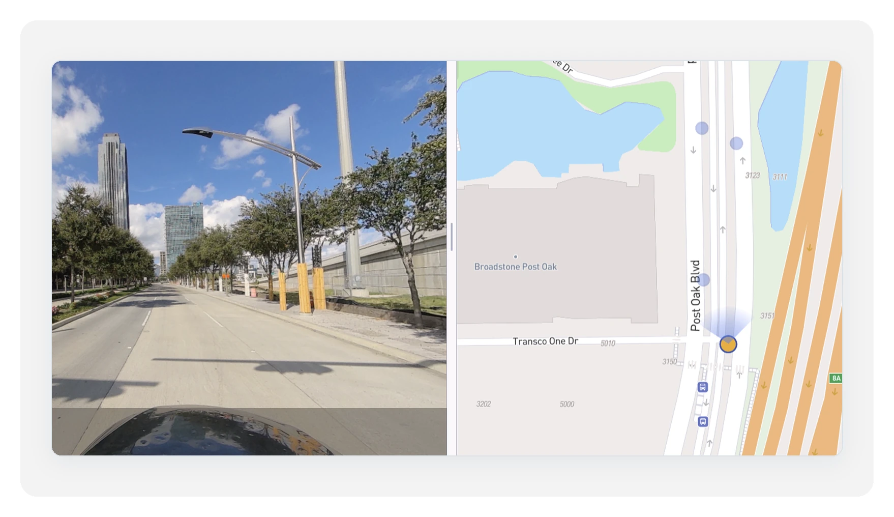 360° capture points mapped along Post Oak Boulevard in Houston, with the selected street-level photo open beside the route