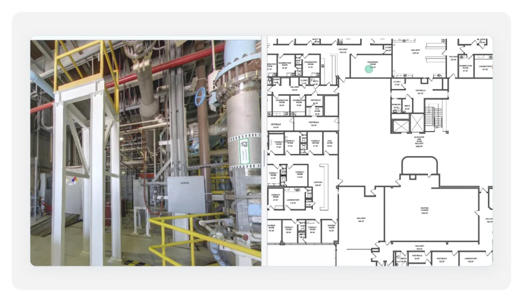 OcuMap visual documentation platform showing a Level 2 floor plan linked to a 360° photo of the building's mechanical room